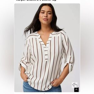 Torrid Size 0- Harper Striped 3/4 Sleeve Top - White and Brown